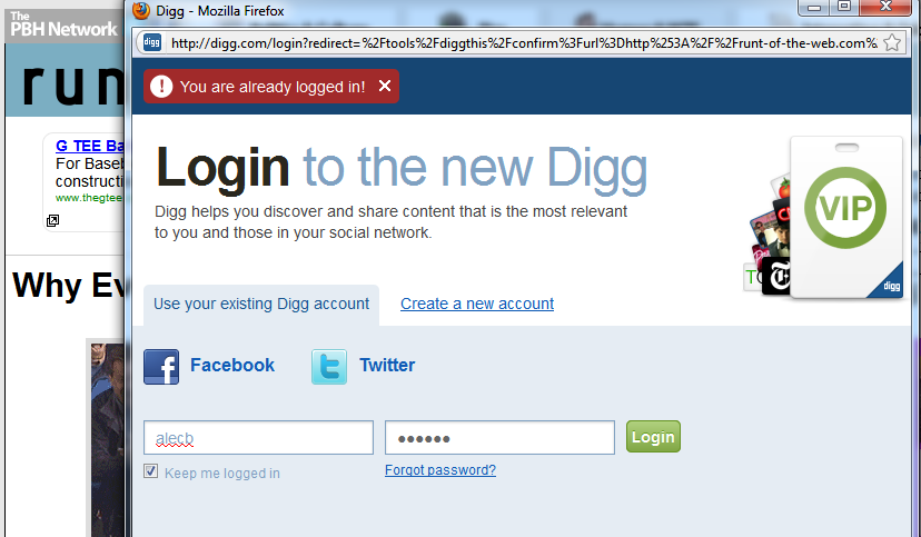 Digg From Page Log In Error