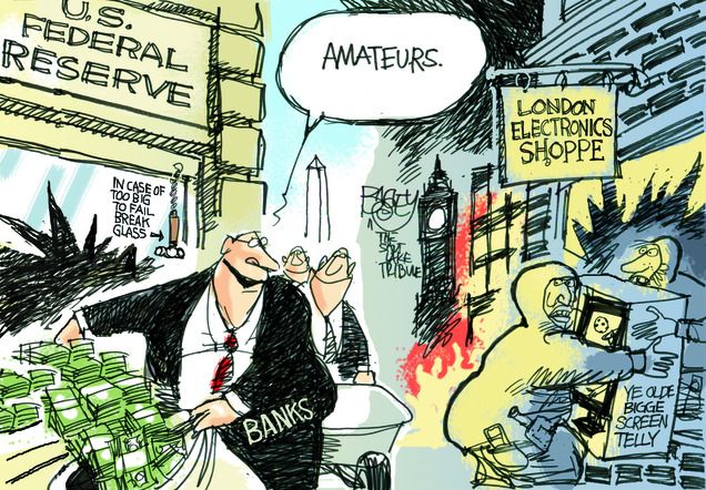 Rioters Versus Bankers Political Cartoon