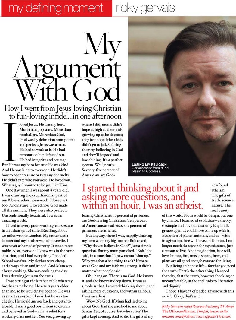Ricky Gervais My Argument With God Article